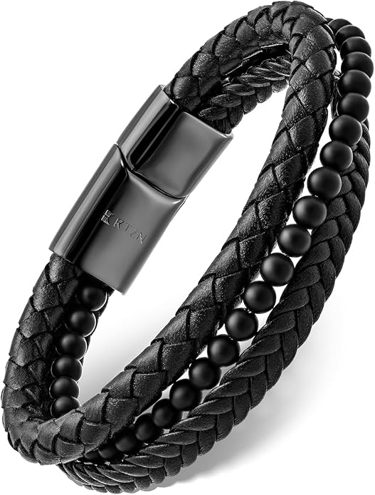 Black Leather Bracelets for Men – Premium Artisan Handcrafted Collection – Single, Stacked, & Double Strand Braided Leather, Onyx Stone & Silver Chain Designs – Authentic Men's Leather Bracelets