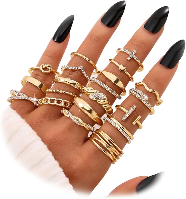 Golden Silvery Black Kunckle Rings Set for Women, Dainty Simple Trendy Cute Stackable Finger Rings Pack, Perfect for Stacking Layering on Thumb and Knuckle, Mixed Size, Jewelry Gift
