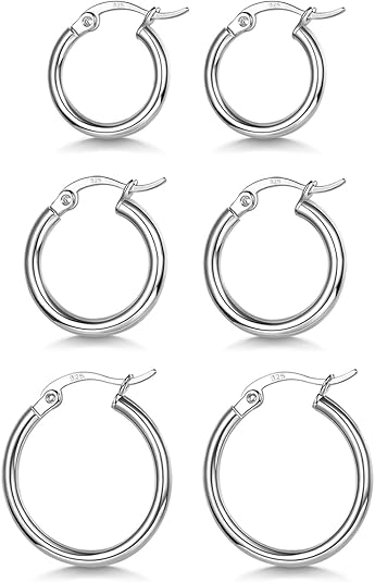 3 Pairs 925 Sterling Silver Hoop Earrings | Small White Gold Plated Hoop Earrings for Women (13mm,15mm,20mm)