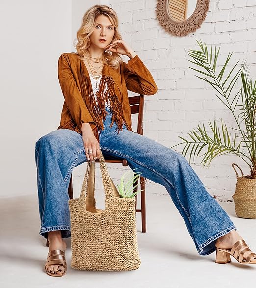Trifabricy Beach Bags for Women, Woven Straw Tote Bags，Large Beach Bag, Weaving Swim Shopping Travel Bag Waterproof