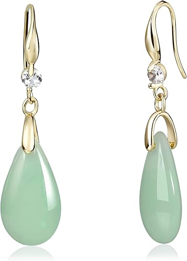 Teardrop Jade Earrings 14K Gold Plated Handmade Green Teardrop Dangle Earrings Vintage Drop Jade Jewelry for Women