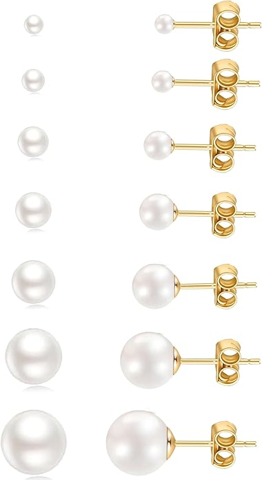 14K Gold Filled Polished Small CZ Pearl Ball Stud Earrings Set for Women Men 20G Surgical Steel Hypoallergenic Piercing Studs for Sensitive Ear, Pack of 6 Pairs | A2 : Gold, 3MM-10MM, White Pearl